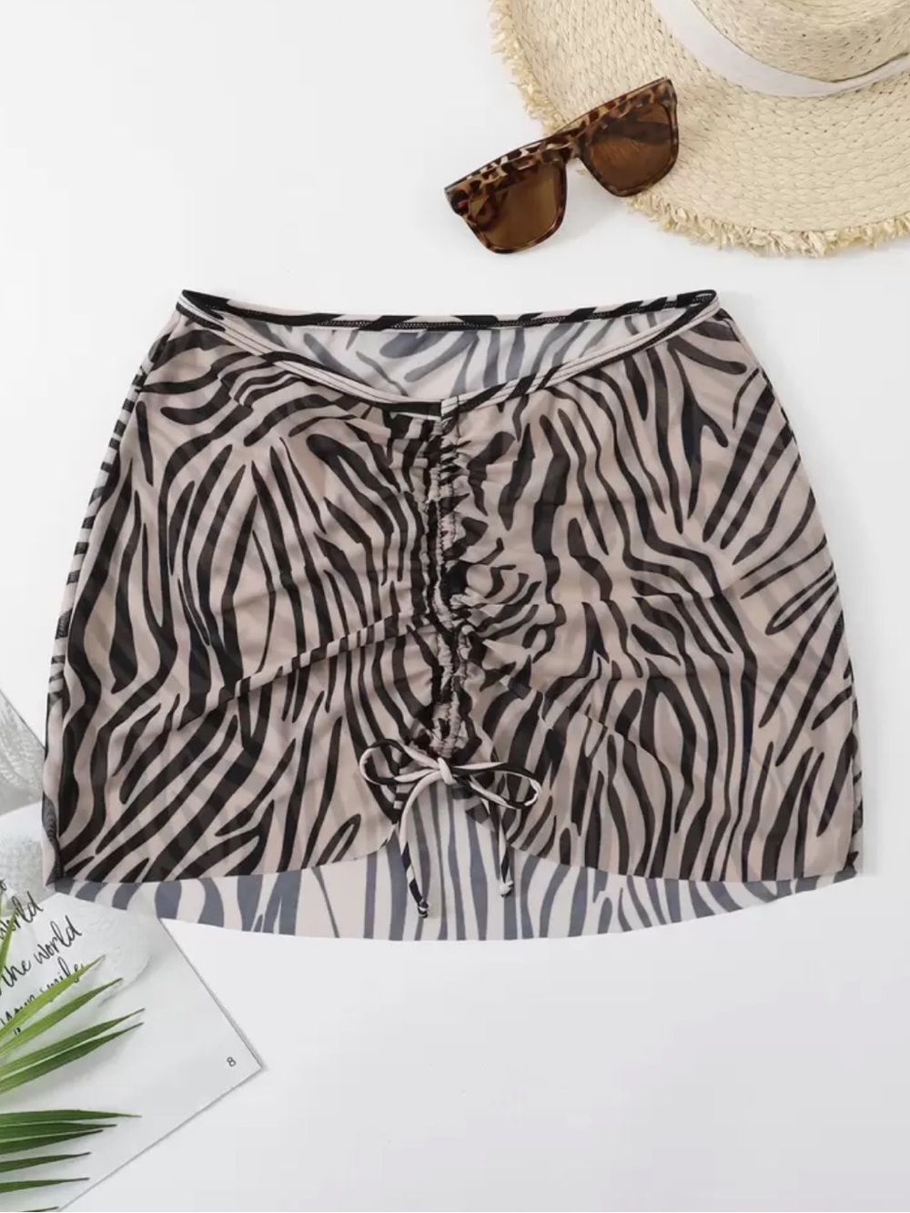 SHEIN Vacay 2025 Ruched Cinched Mesh Zebra Print Sheer Cover-Up Mini Skirt